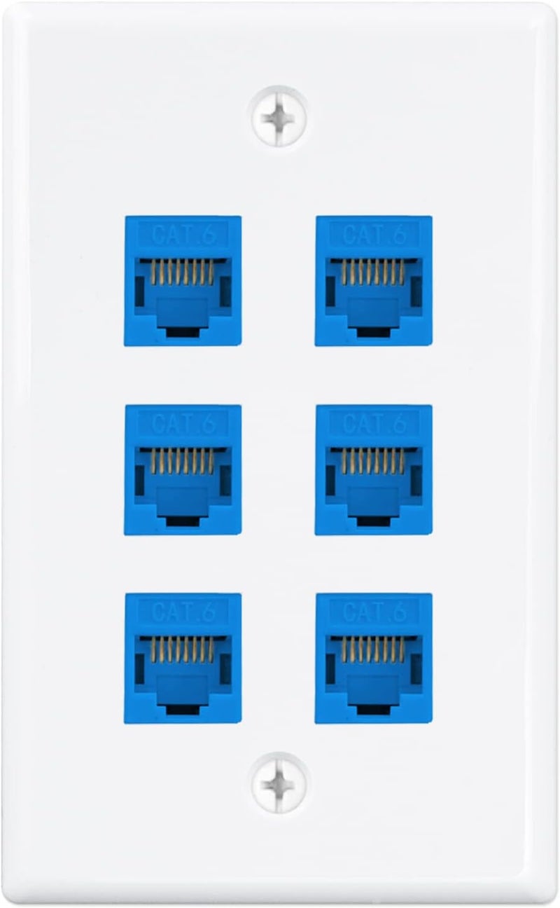 iwillink (1-Pack) 6-Port Ethernet Wall Plate, RJ45 Wall Plate with Inline Coupler insert, Female to Female Cat6 Keystone Jack Wall Plates, Blue - Image 1